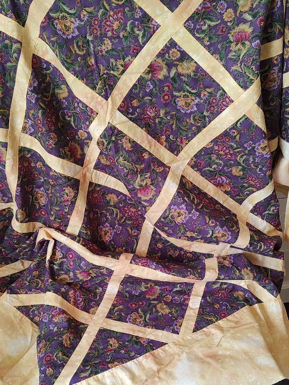 Unfinished Handmade Purple Floral Quilt Top with Yellow Sashings. 62"x62"